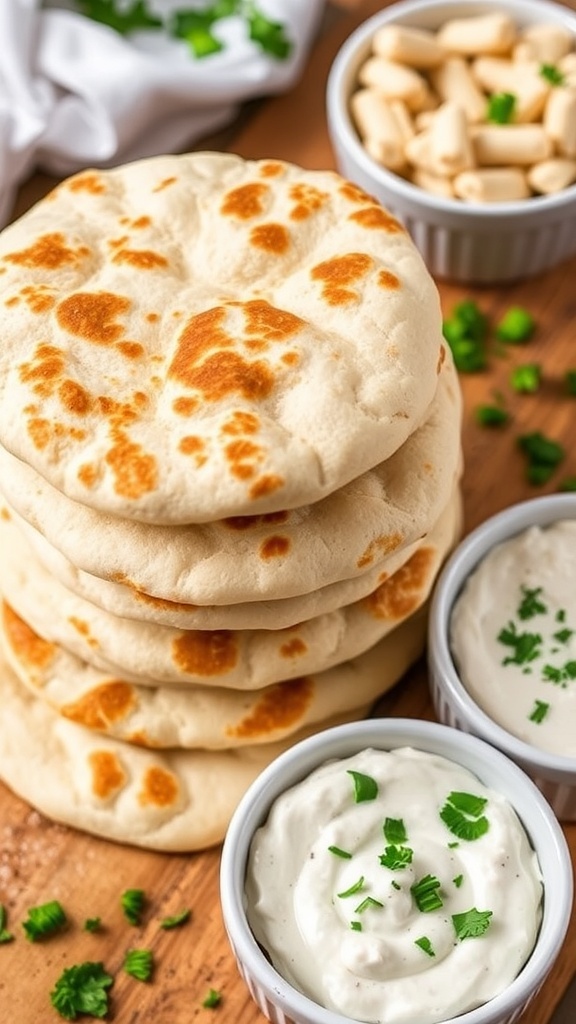 A stack of golden brown keto gluten-free pita bread with bowls of hummus and tzatziki sauce.
